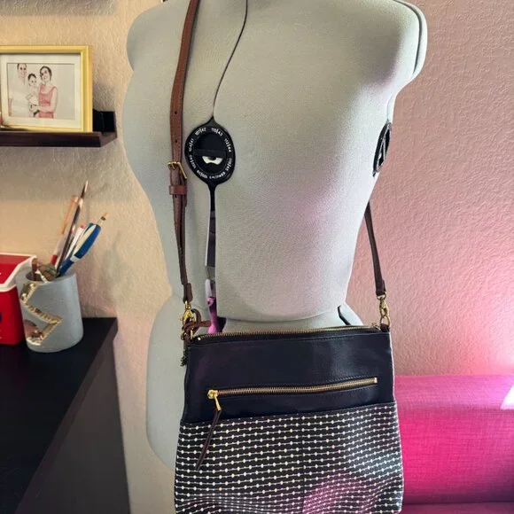 Fossil Black & White Fabric + Leather Crossbody Bag - Picture 3 of 4